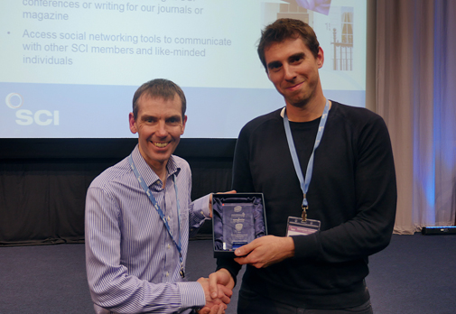 Peter receiving the 2017 AstraZeneca, GlaxoSmithKline, Pfizer & Syngenta prize for Process Chemistry Research